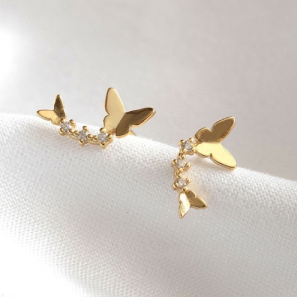 14K GOLD Ultra Delicate Dainty Butterflies Ear Climber Zirco MicroStud E… - Picture 7 of 16
